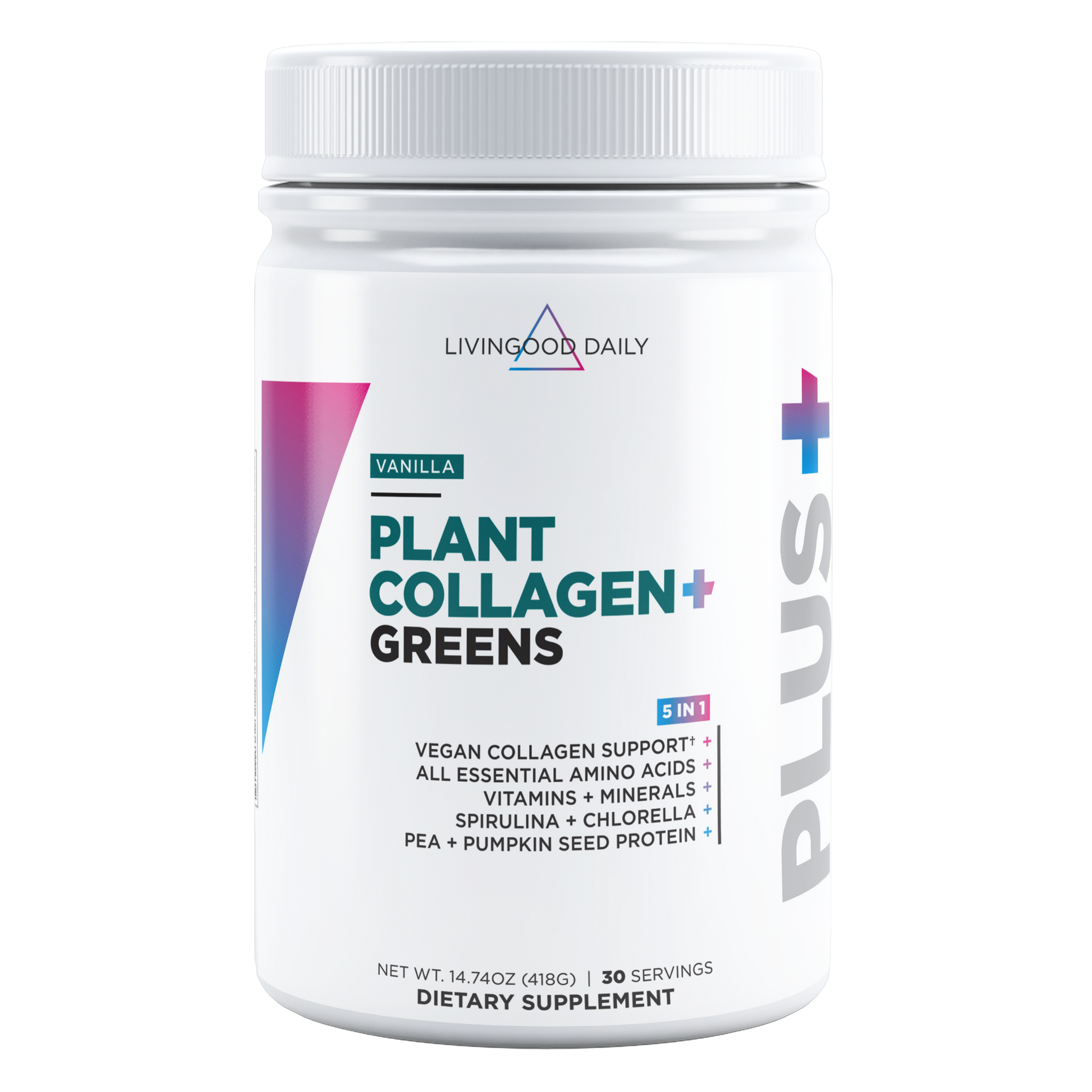 Front of dietary plus supplement Vanilla Plant and Collagen plus Greens with 5 in 1 benefits and 30 servings