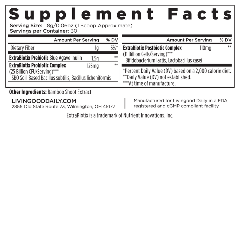 Nutritional supplement facts label, dietary fiber, probiotics, serving information, ingredient list