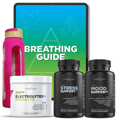 Health supplements, electrolytes energy drink, stress support capsules, mood support pills, digital tablet displaying breathing guide, water bottle