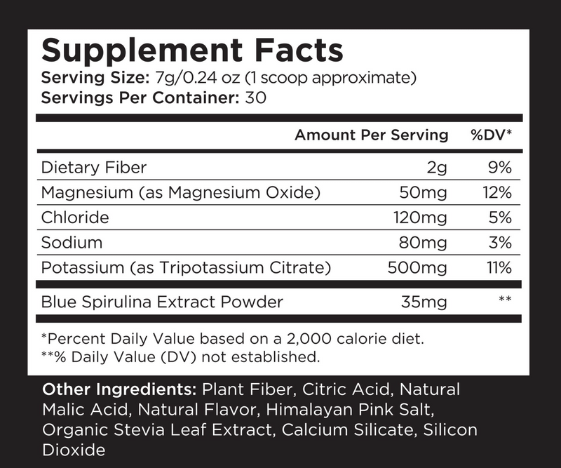 Nutritional supplement facts label showing serving size, servings per container, and daily value percentages.