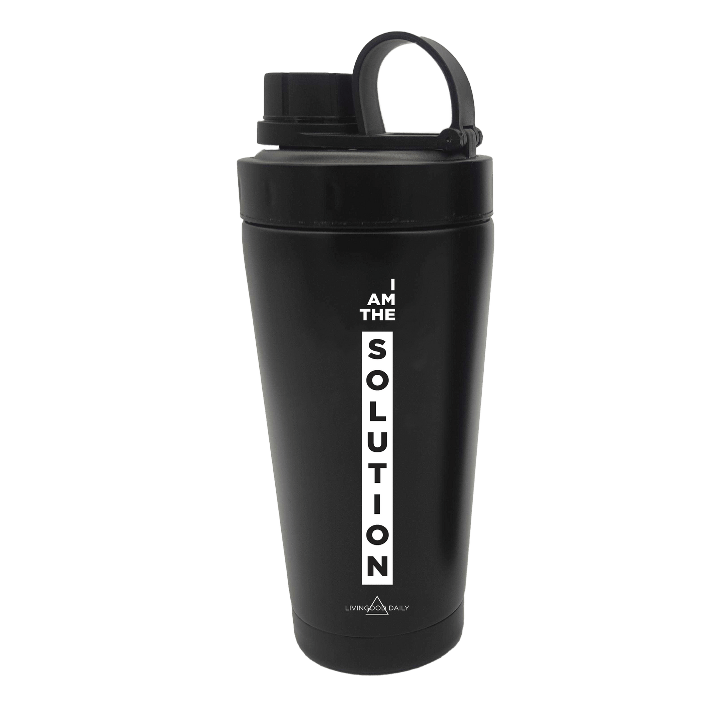 Black protein shaker bottle with motivational quote