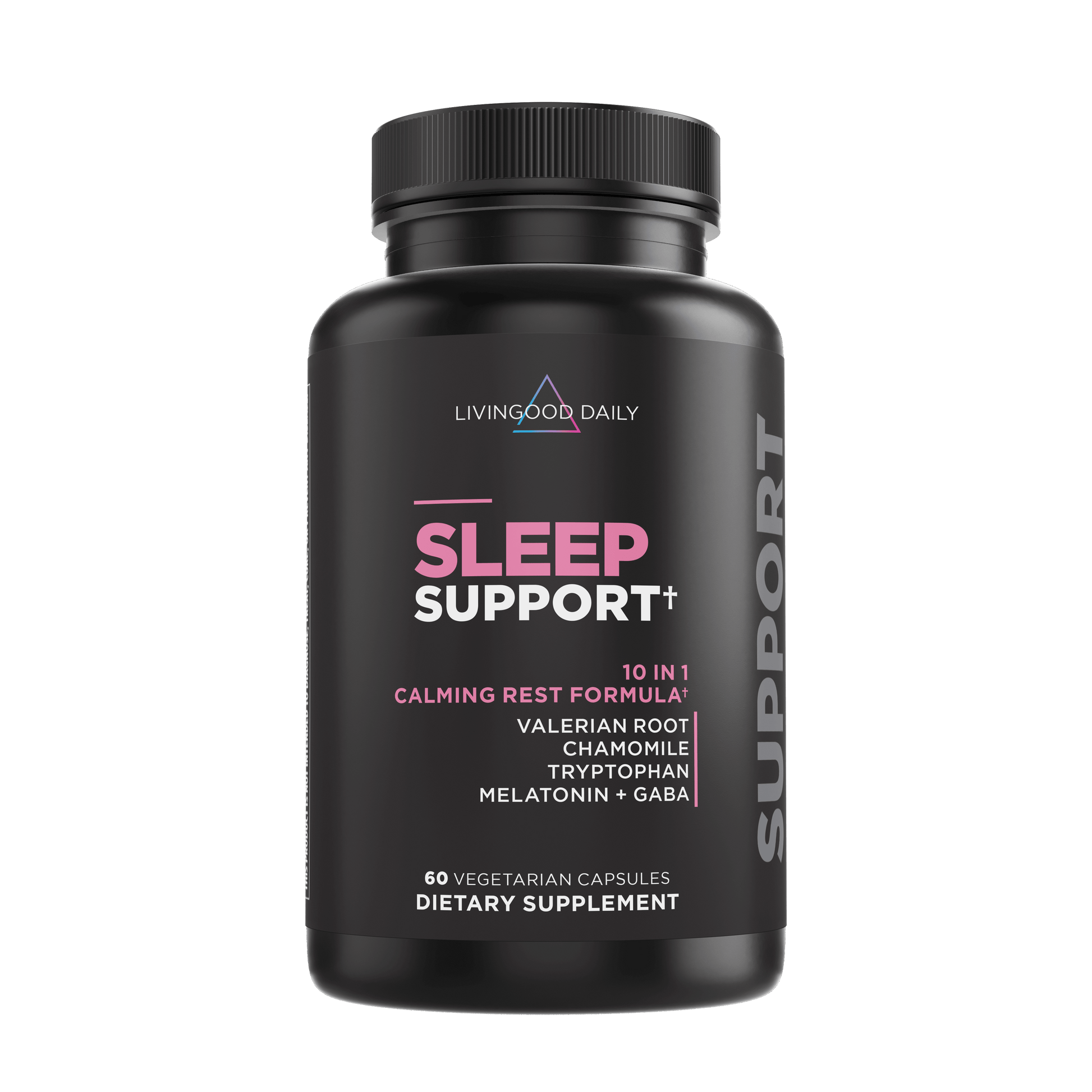 Livingood Daily Sleep Support supplement bottle with calming rest formula, valerian root, chamomile, tryptophan, melatonin, GABA, 60 vegetarian capsules.