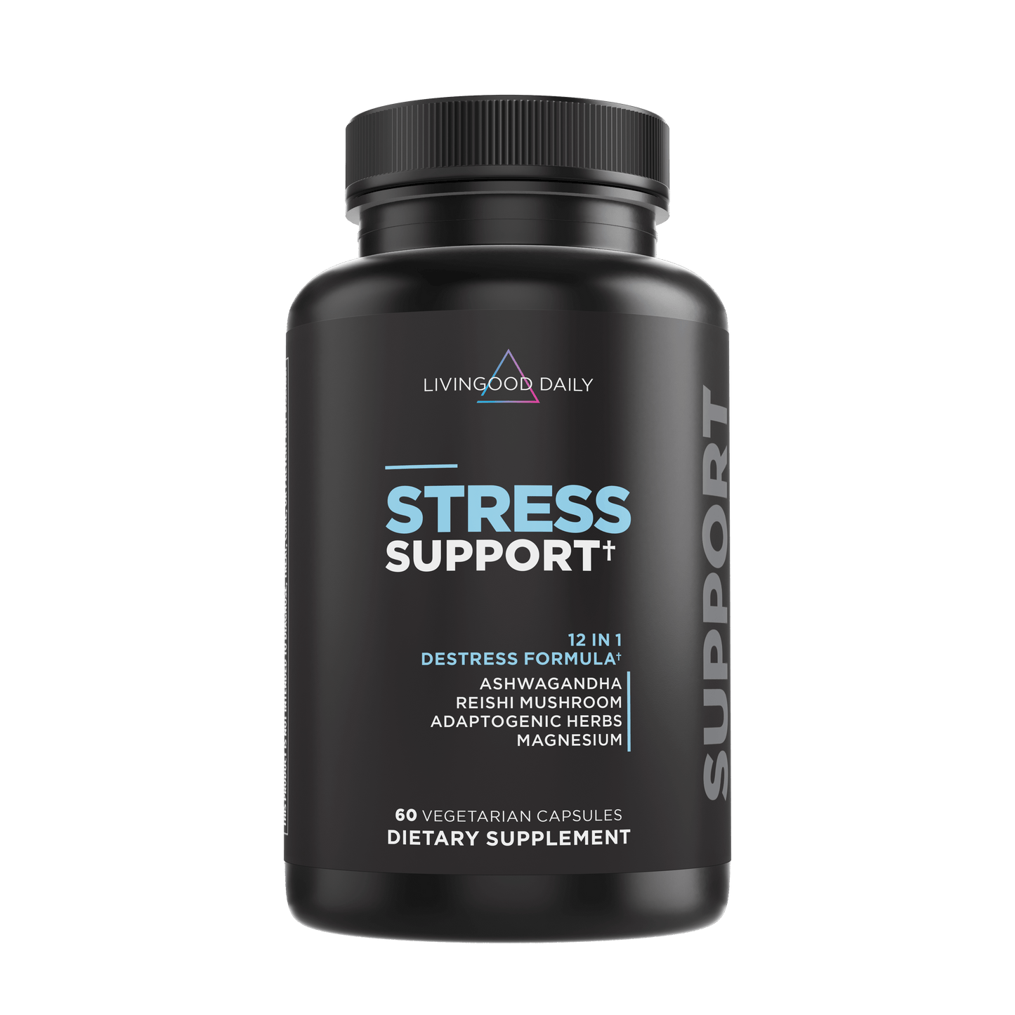 LivingGood Daily Stress Support supplement bottle with ashwagandha and reishi mushroom