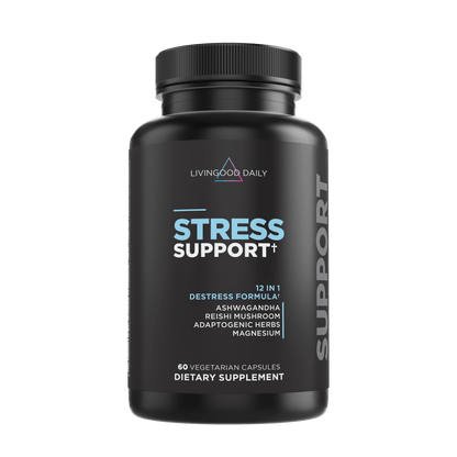 LivingGood Daily Stress Support supplement bottle with ashwagandha and reishi mushroom