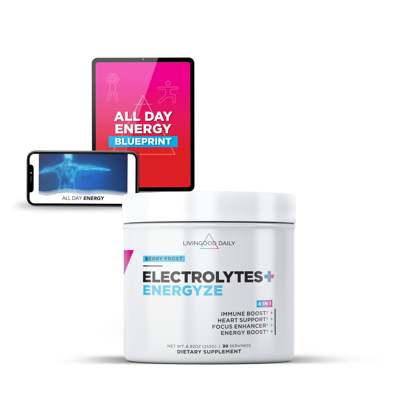 Electrolytes Energy Supplement Jar, All Day Energy Blueprint eBook, Smartphone and Tablet Displaying Energy Guides