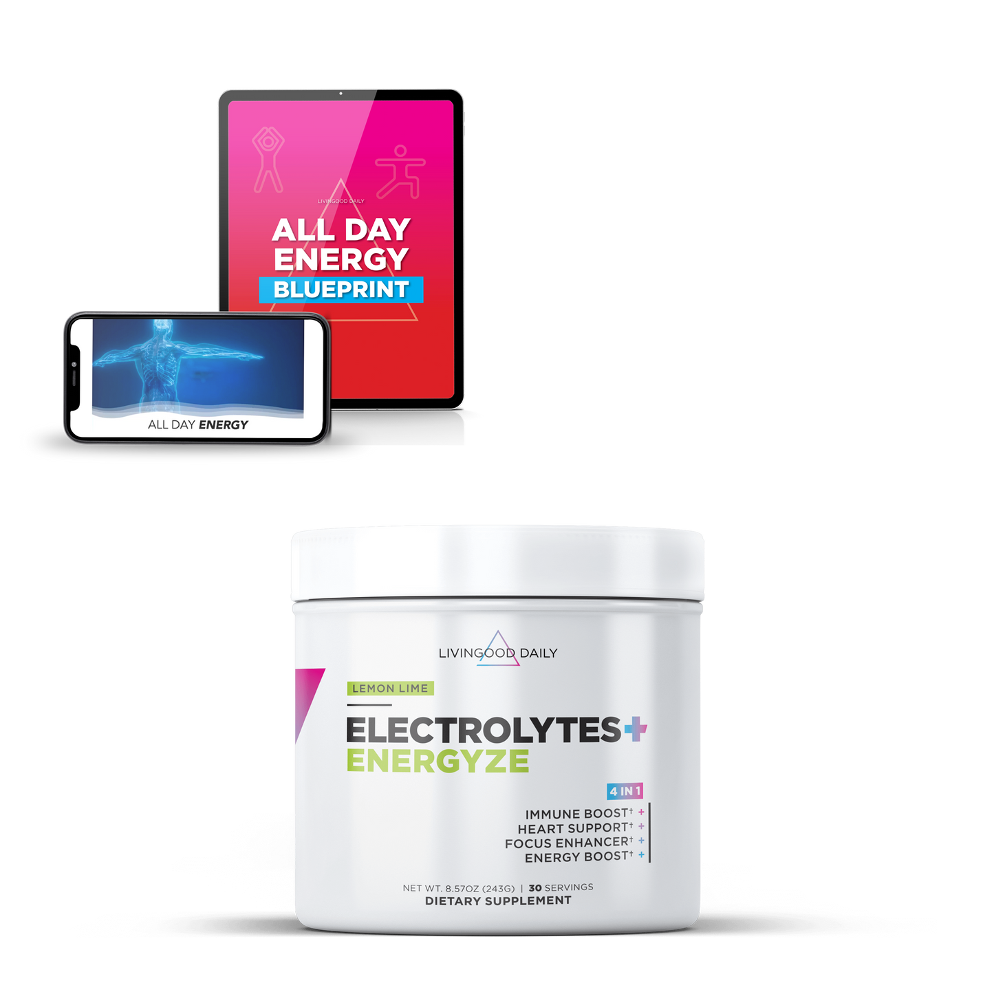 All Day Energy Blueprint ebook and smartphone display with Electrolytes Energyze dietary supplement jar.