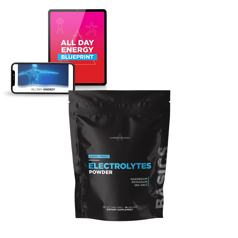 energy-boosting supplements, electrolyte powder packet, smartphone, tablet, all day energy blueprint