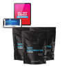 Product display of electrolytes powder packets and all-day energy blueprint on tablet and smartphone.