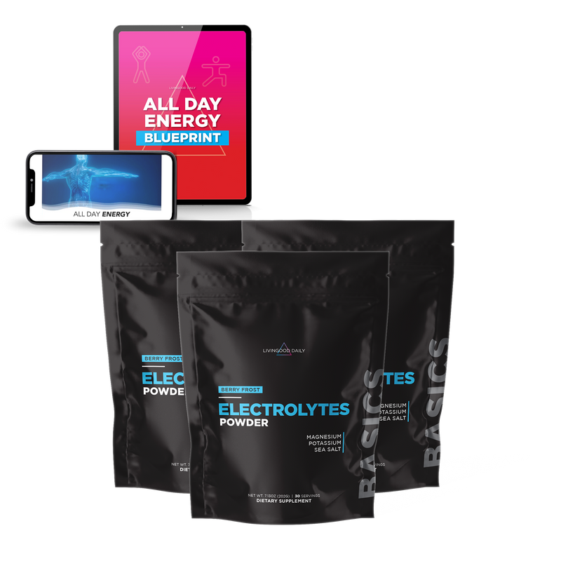 Product display of electrolytes powder packets and all-day energy blueprint on tablet and smartphone.