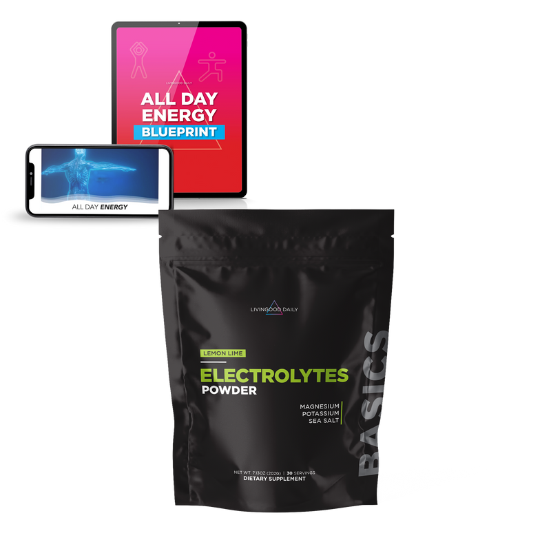 All Day Energy Blueprint ebook and smartphone, Electrolytes Powder packet dietary supplement