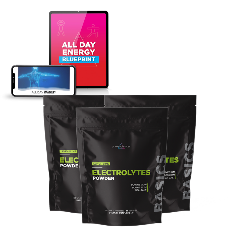Electrolytes powder packets lemon lime flavor with All Day Energy Blueprint e-book and smartphone displaying x-ray of human torso