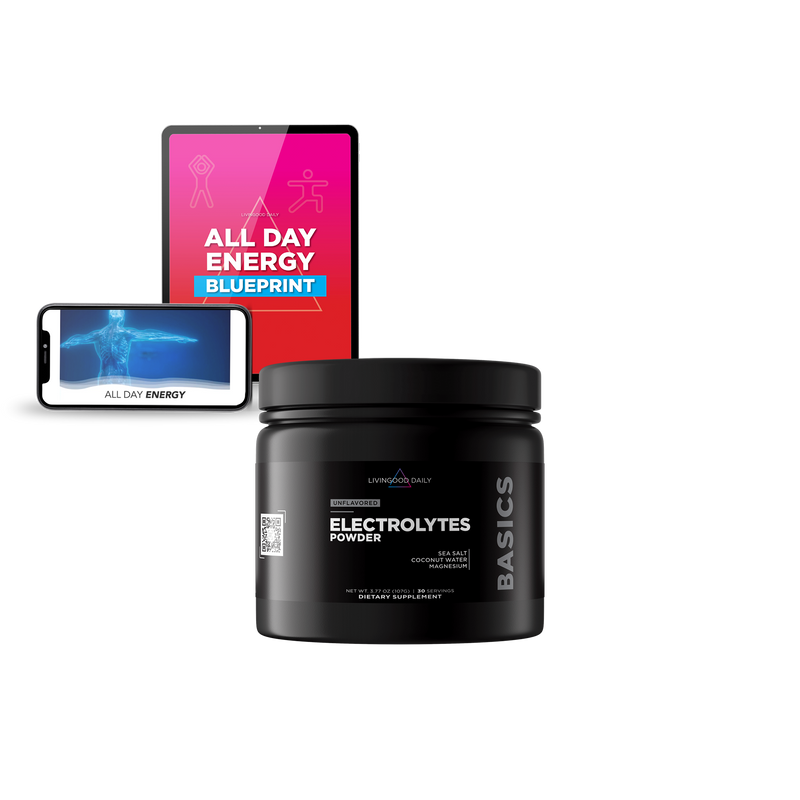 Electrolytes powder container, e-book cover All Day Energy Blueprint, smartphone showing energy concept