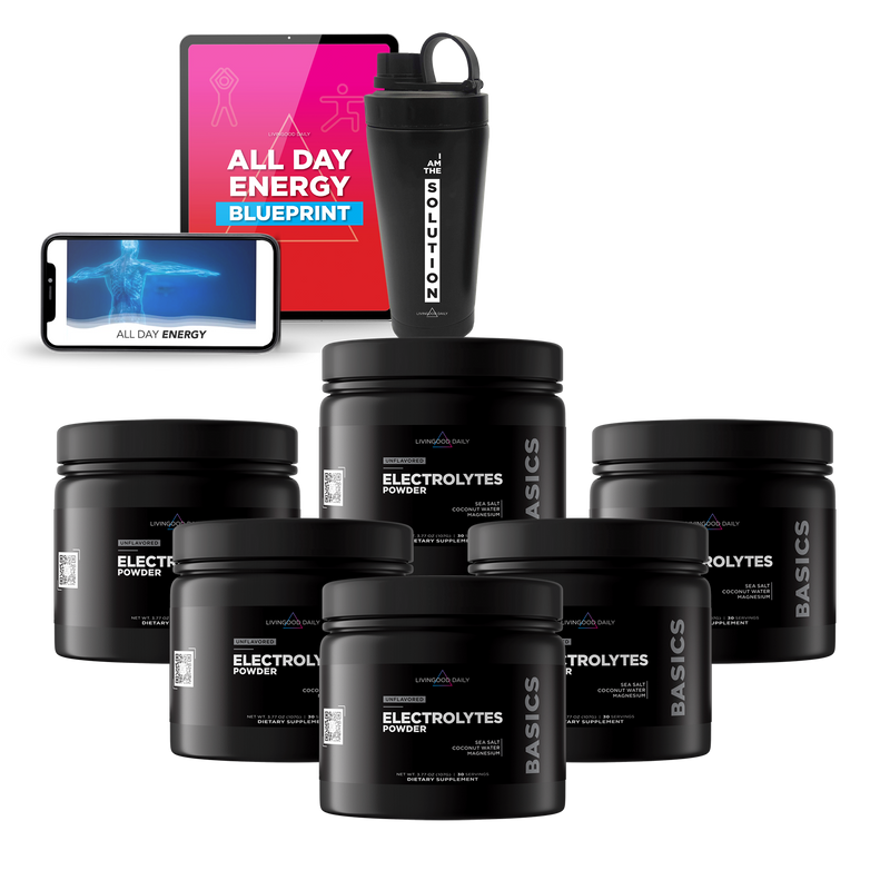 Electrolyte powder supplements, shaker bottle, energy blueprint booklet, and smartphone with hologram display.