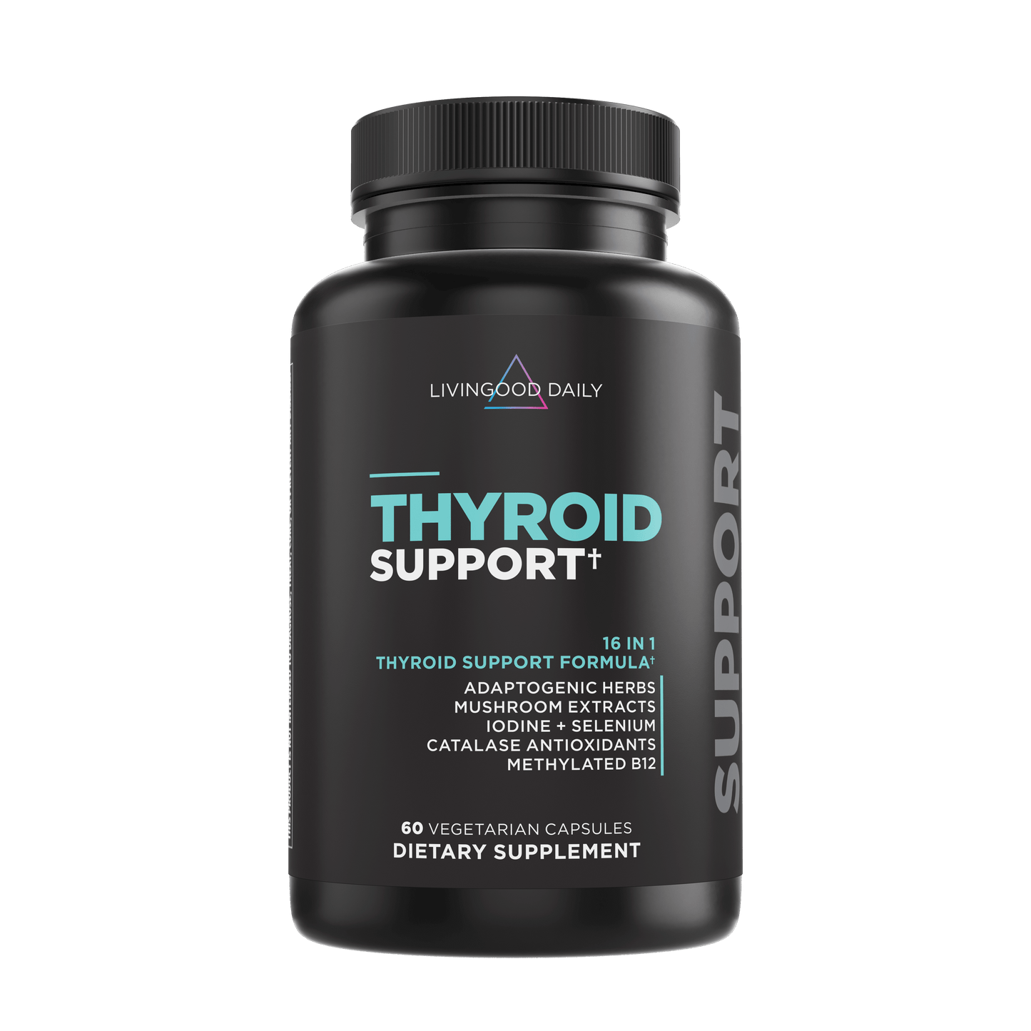 Livingood Daily Thyroid Support supplement bottle with adaptogenic herbs and vegetarian capsules.