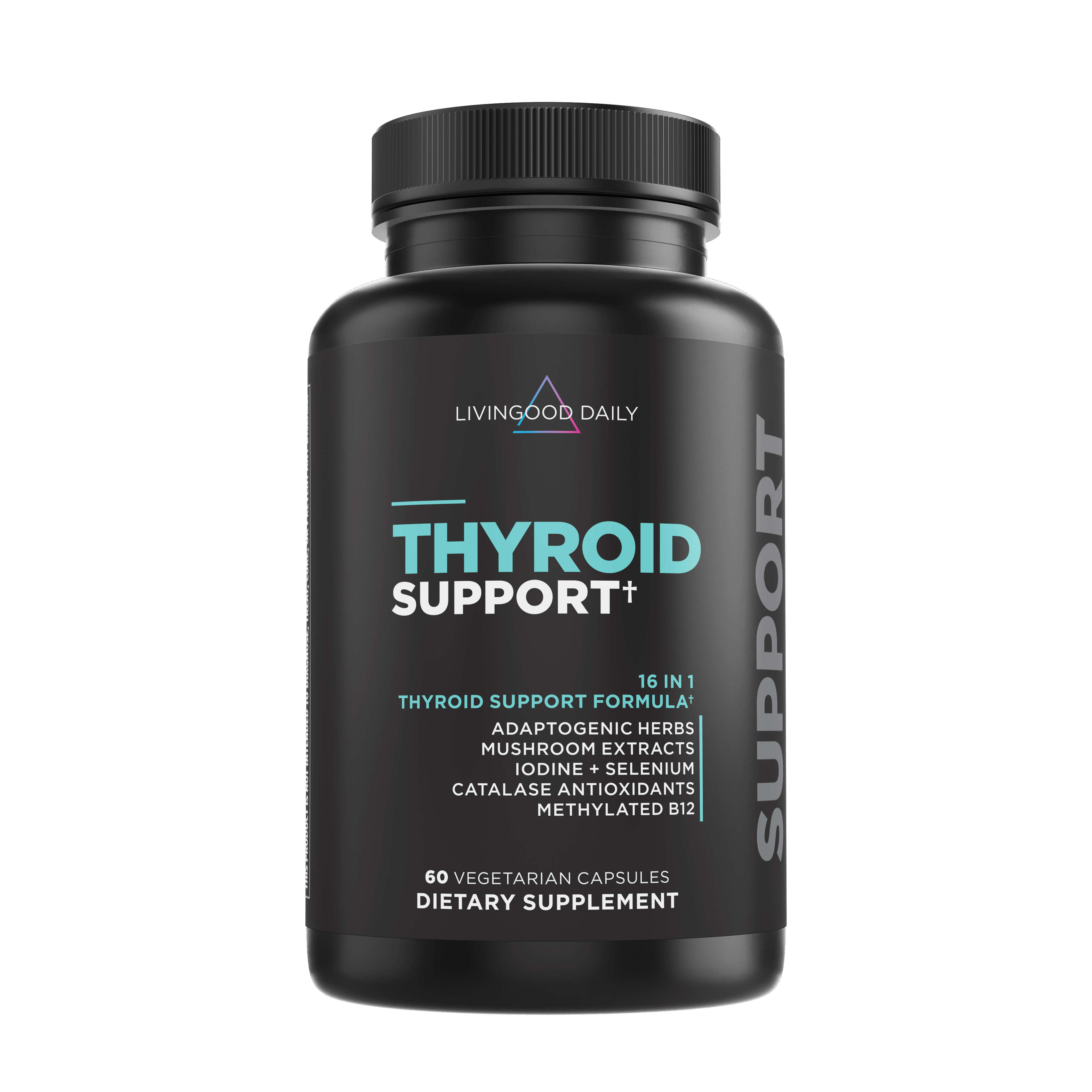 Livingood Daily Thyroid Support supplement bottle with adaptogenic herbs and vegetarian capsules.