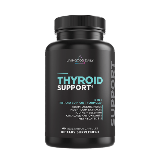 Livingood Daily Thyroid Support supplement bottle with adaptogenic herbs and vegetarian capsules.