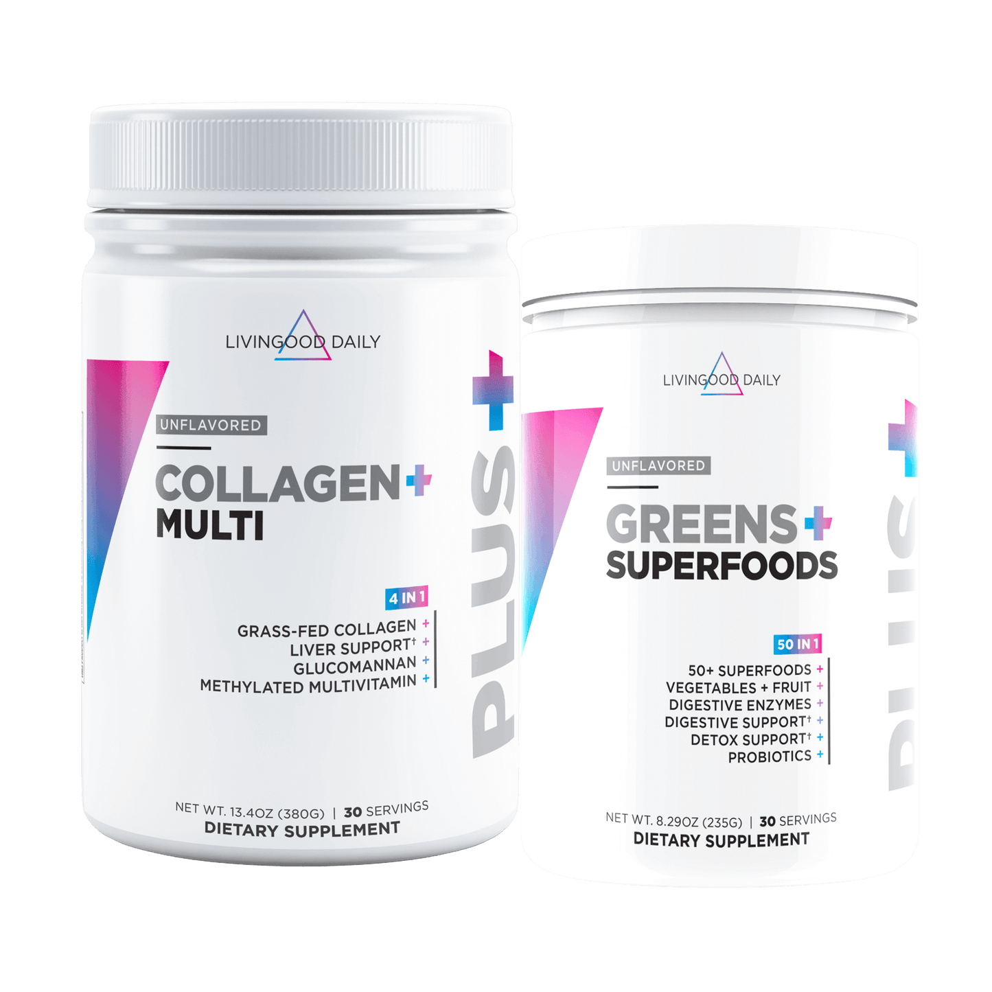 Collagen and Greens Superfoods dietary supplements containers