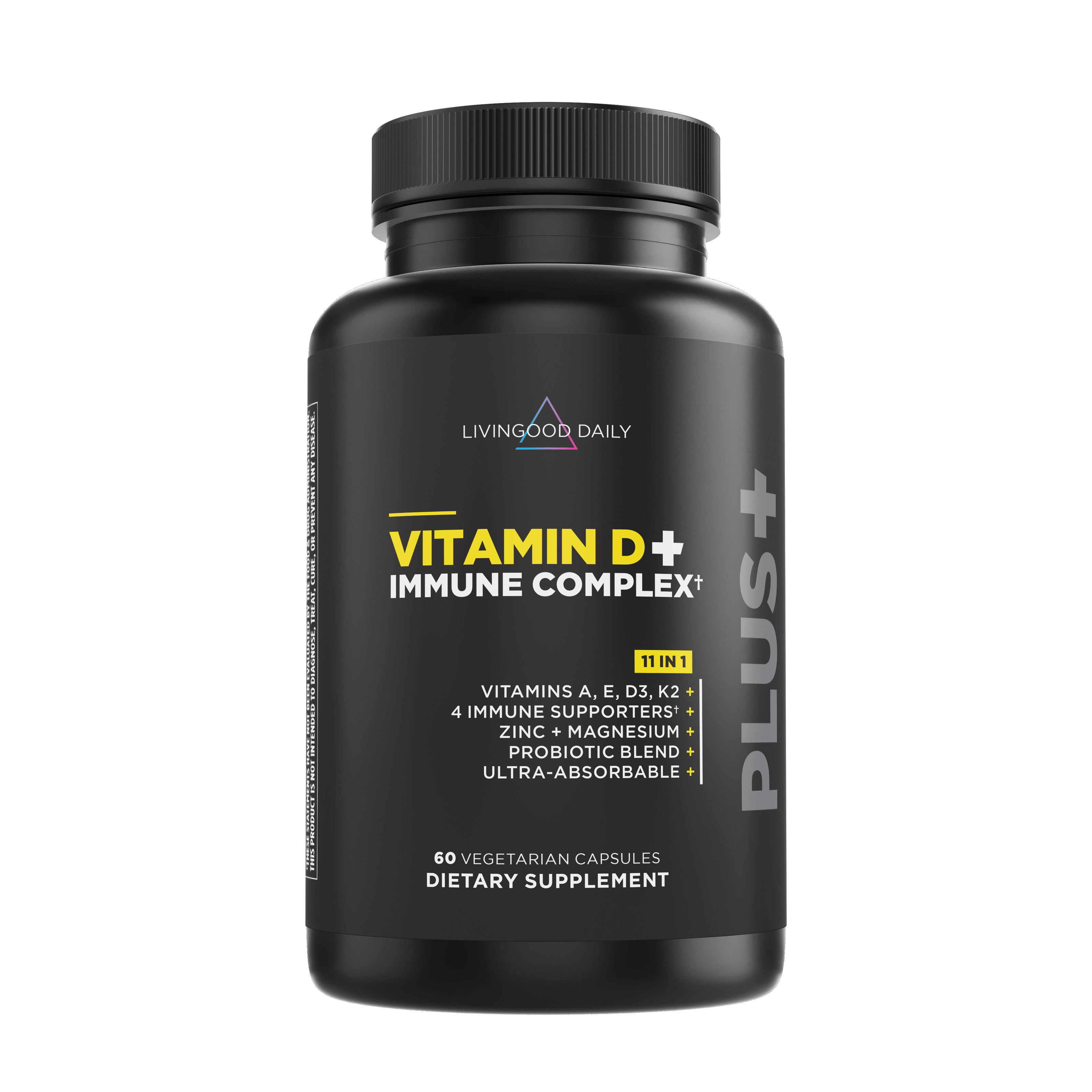 LivingGood Daily Vitamin D+ Immune Complex dietary supplement bottle with vegetarian capsules