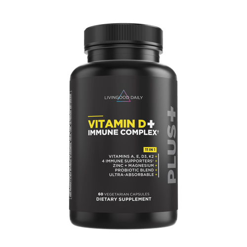 LivingGood Daily Vitamin D+ Immune Complex dietary supplement bottle with vegetarian capsules