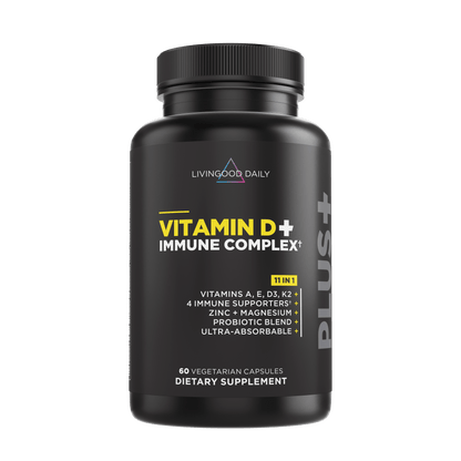 Front of Vitamin D and Immune Complex Dietary Supplement that shows 11 in 1 benefits and 60 Vegetarian Capsules