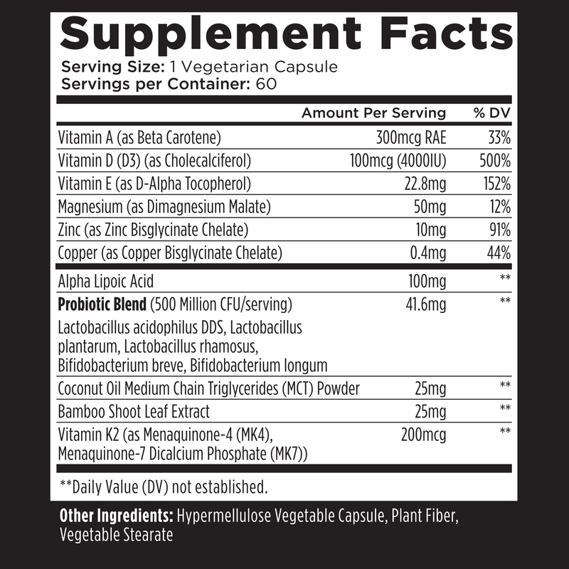 Dietary supplement nutrition facts label showing vitamins, minerals, and probiotic blend.