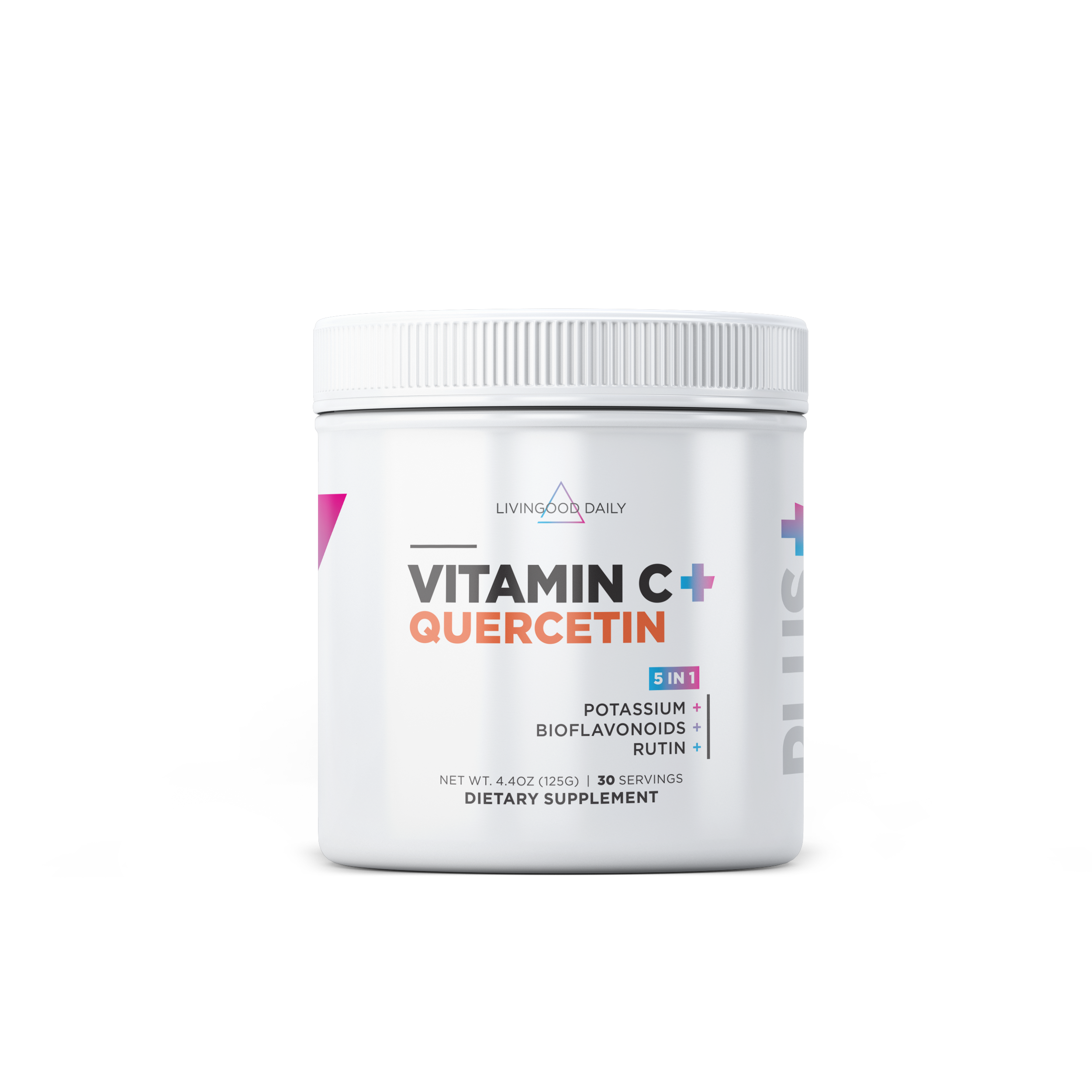 Front of dietary plus supplement Vitamin C plus Quercetin with 5 in 1 benefits and 30 servings