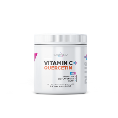 Front of dietary plus supplement Vitamin C plus Quercetin with 5 in 1 benefits and 30 servings