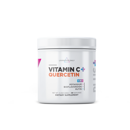 Front of dietary plus supplement Vitamin C plus Quercetin with 5 in 1 benefits and 30 servings