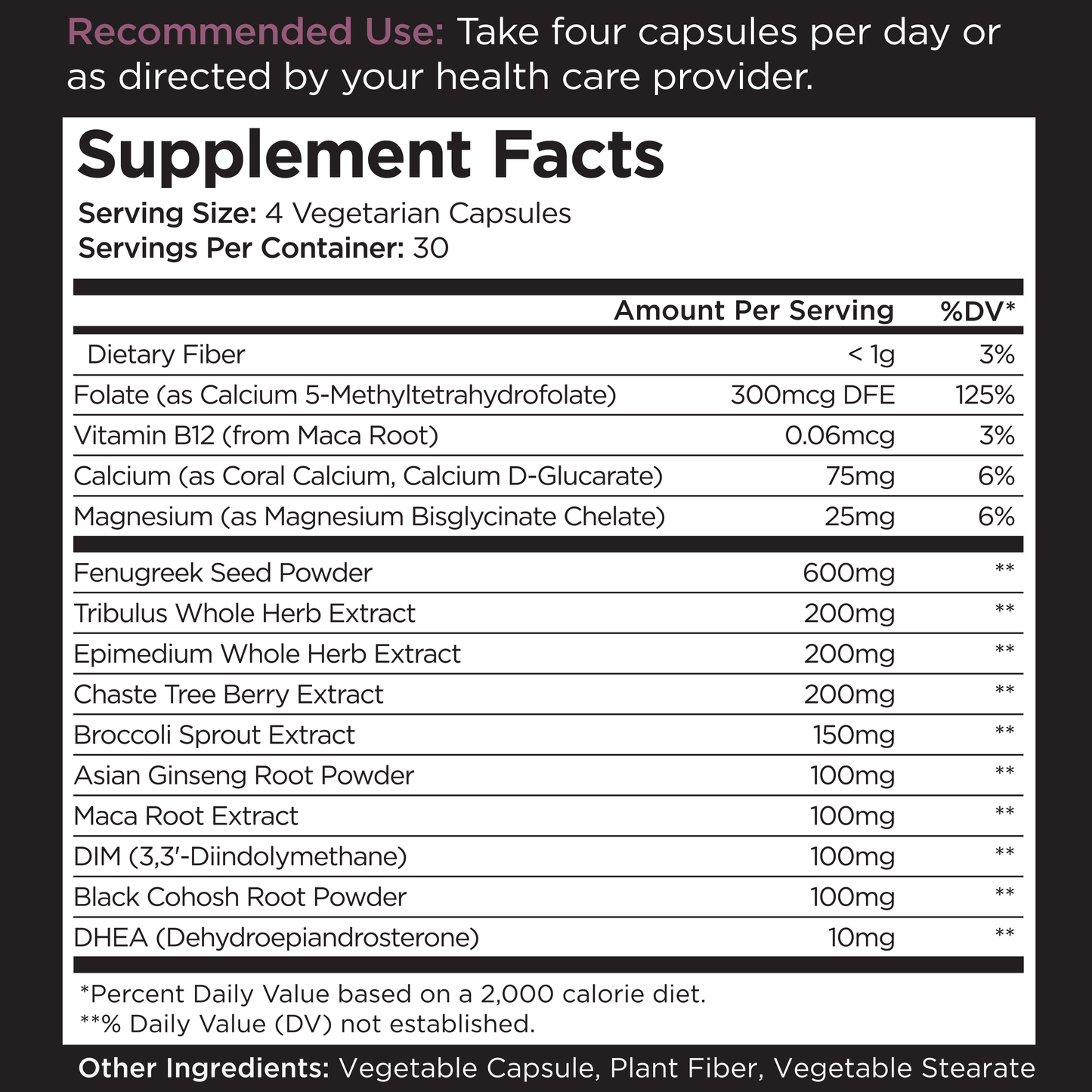 Supplement facts label, dietary ingredients list, recommended use, vegetarian capsules, nutritional information table.