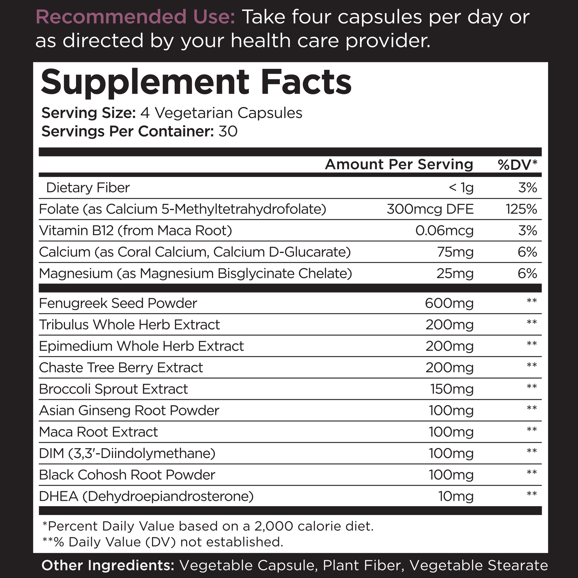 Supplement facts label, dietary ingredients list, recommended use, vegetarian capsules, nutritional information table.