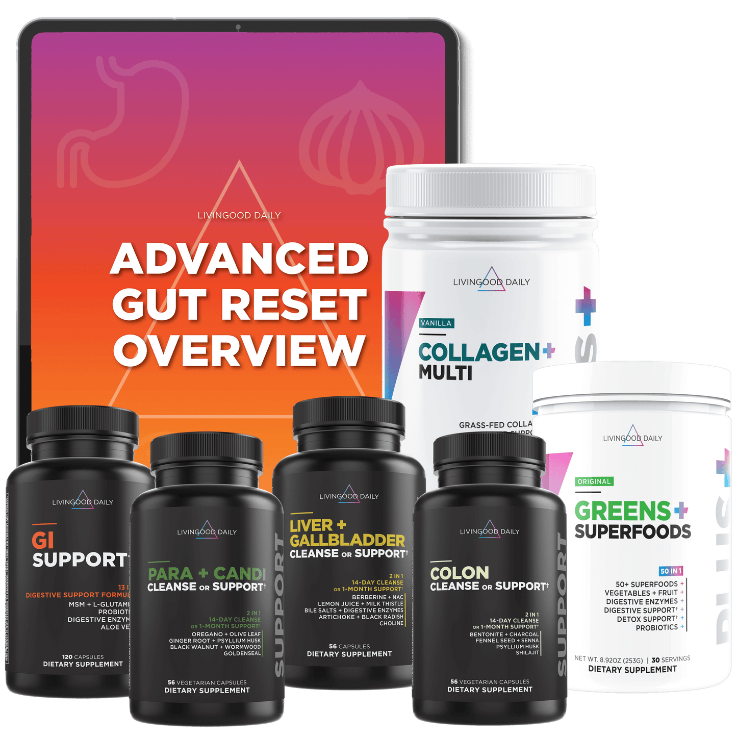 Livingood Daily supplements advanced gut reset overview with GI support, para + candi cleanse, liver + gallbladder cleanse, colon cleanse, collagen multi, and greens superfoods.