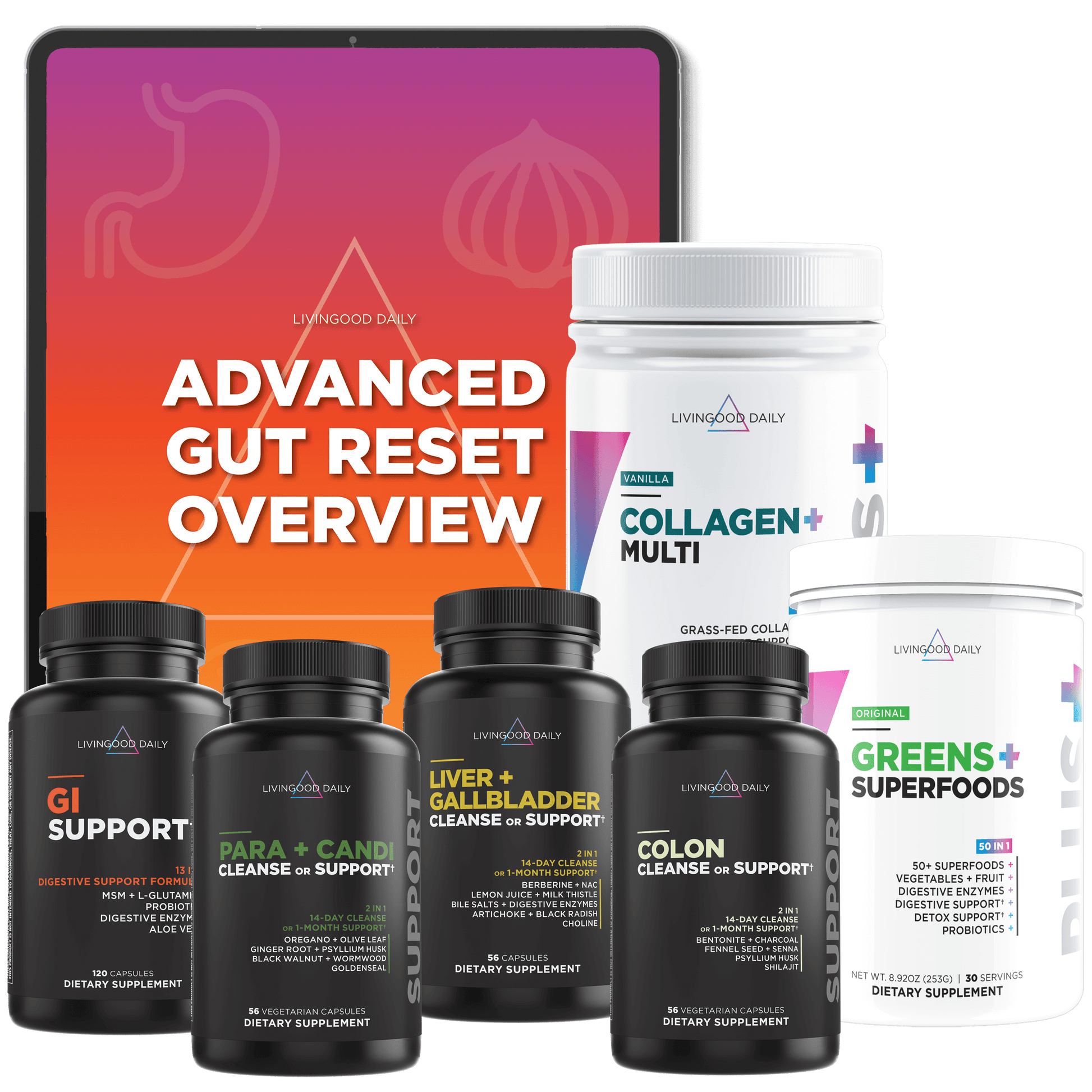 Livingood Daily supplements advanced gut reset overview with GI support, para + candi cleanse, liver + gallbladder cleanse, colon cleanse, collagen multi, and greens superfoods.