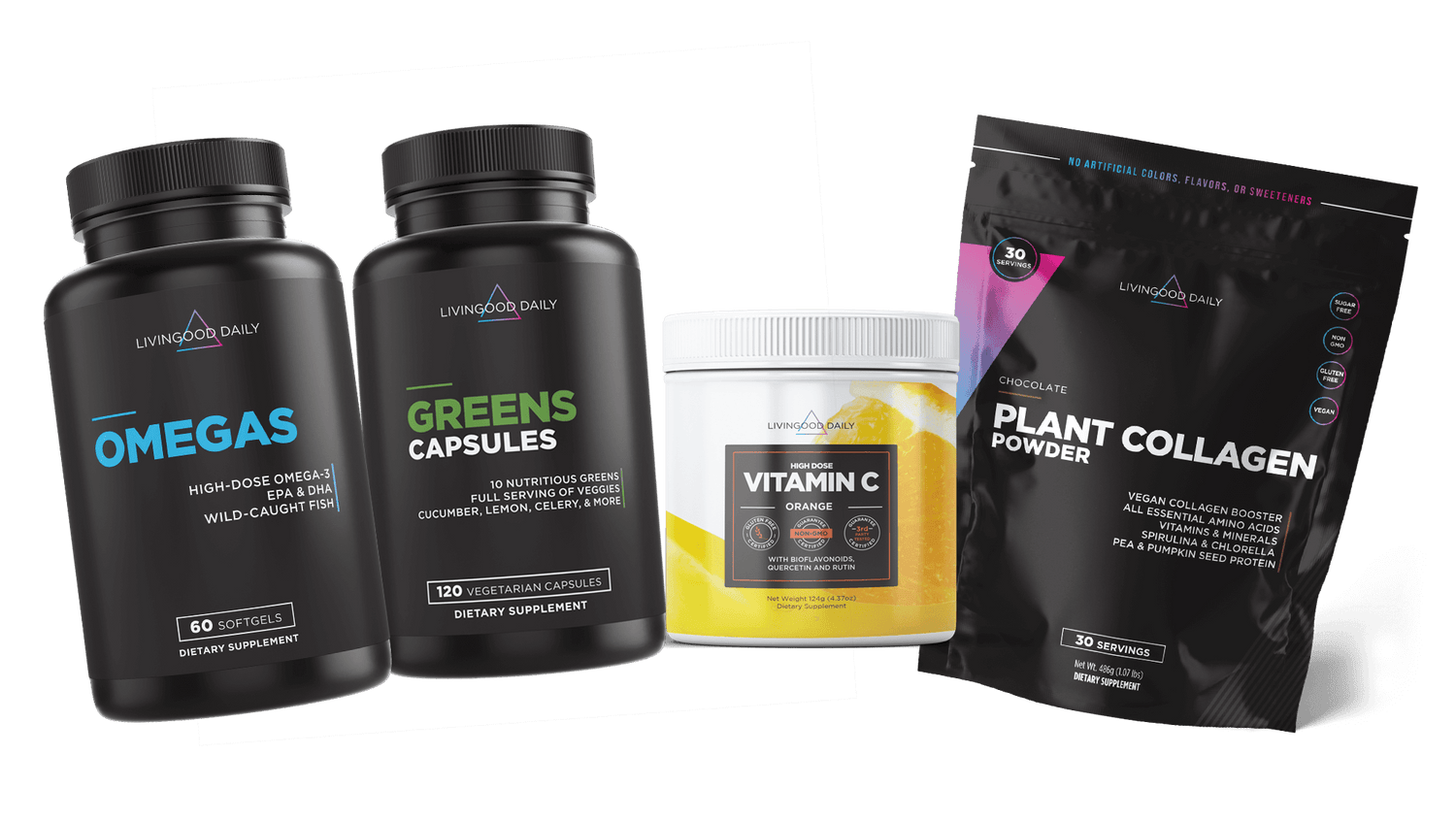 omegas, greens, vitamin c and plant collage product packages