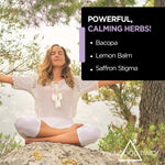 woman meditating outdoors with list of calming herbs bacopa lemon balm saffron stigma
