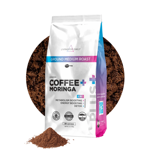 Ground medium roast coffee moringa blend in packaging with coffee grounds.