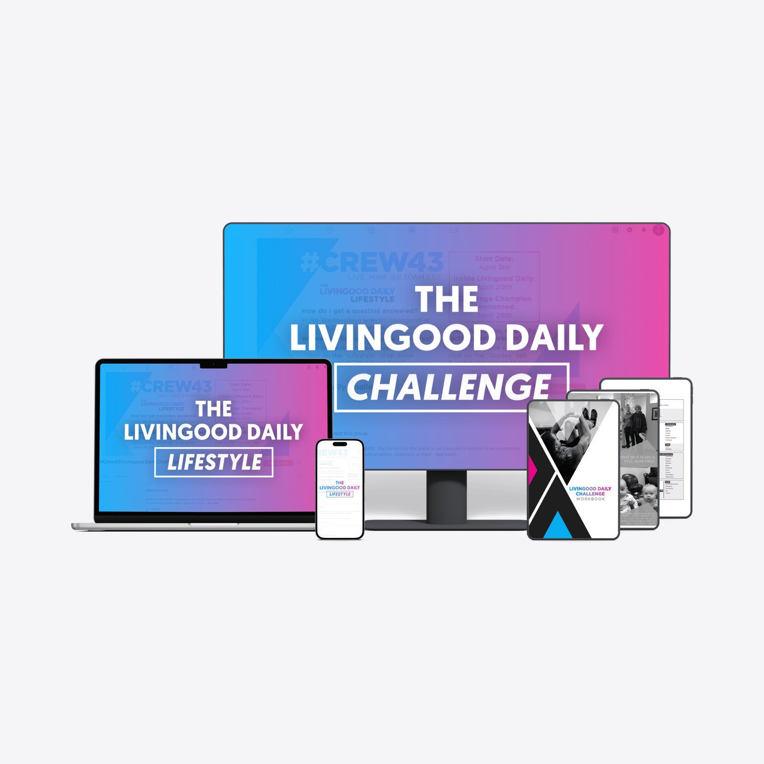 Promotional graphic for 'The Livingood Daily Challenge' with digital devices on a white background