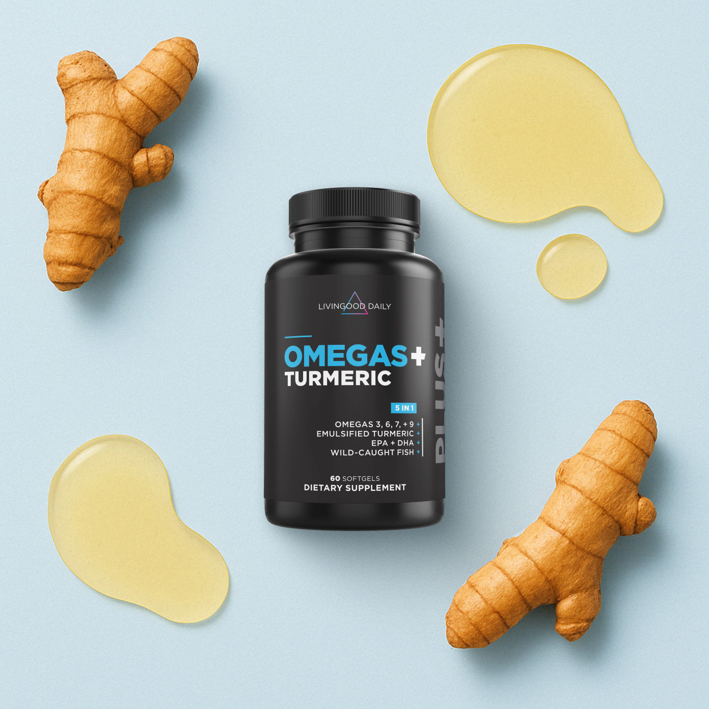 Omegas + Turmeric Product surrounded by ingredients