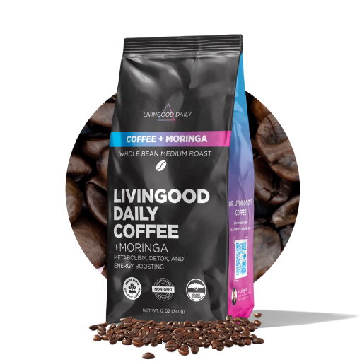 Livingood Daily Coffee + Moringa whole bean medium roast package with coffee beans