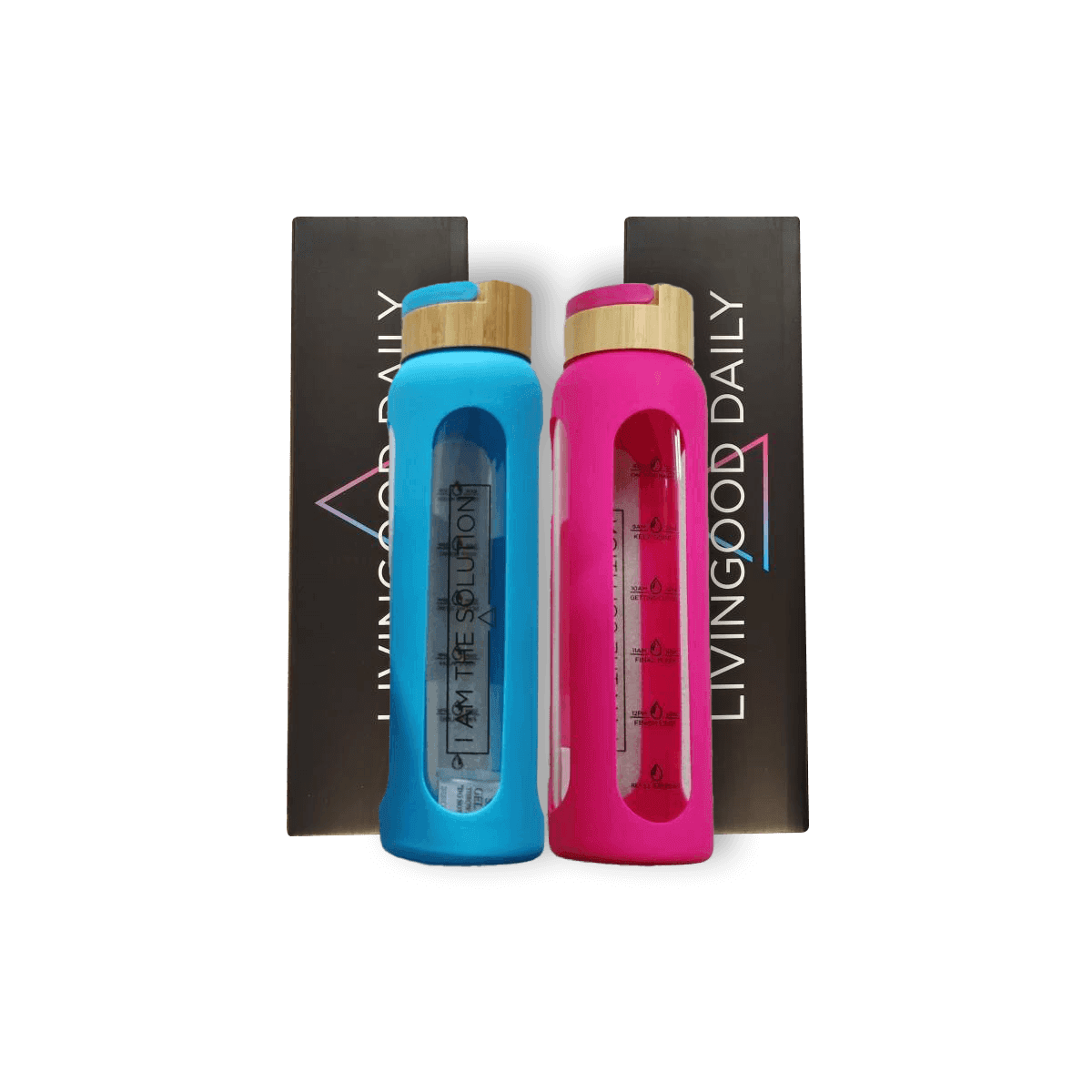 Blue and pink water bottles with motivational text and Livingood Daily brand packaging