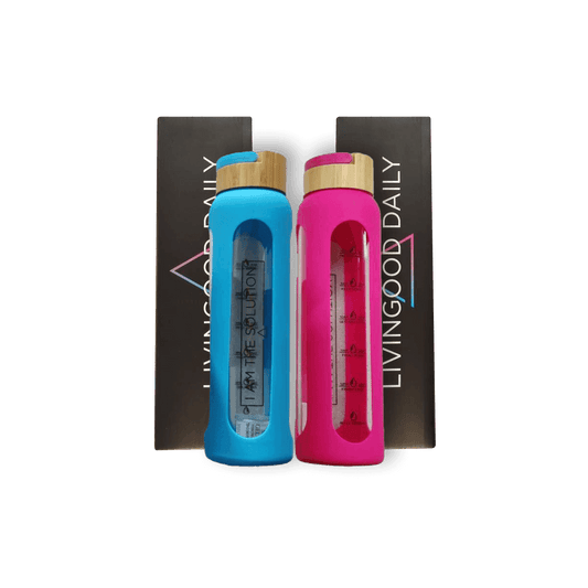 Blue and pink water bottles with motivational text and Livingood Daily brand packaging