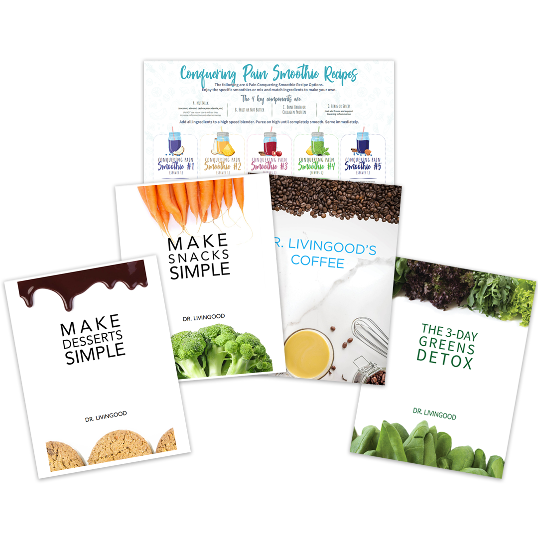 collection of Dr. Livingood's health recipe books and product brochures