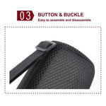 Button and buckle detail on black mesh fabric