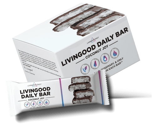 Livingood Daily Bar Coconut Joy packaging and unwrapped bar with visible layers