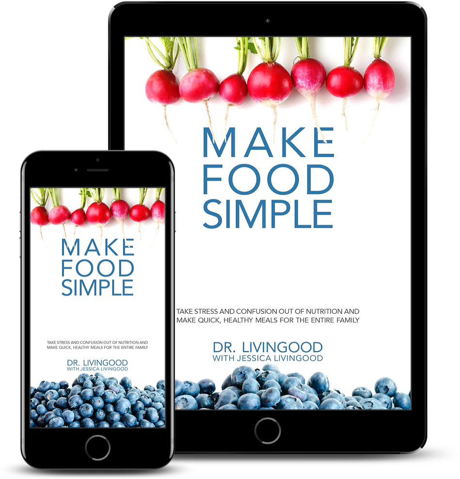 Tablet and smartphone displaying "Make Food Simple" nutrition book cover with radishes and blueberries