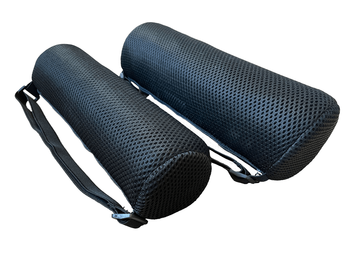 Black textured hard-shell protective eyeglasses cases with zippers and strap on dark background.