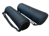 Black textured hard-shell protective eyeglasses cases with zippers and strap on dark background.