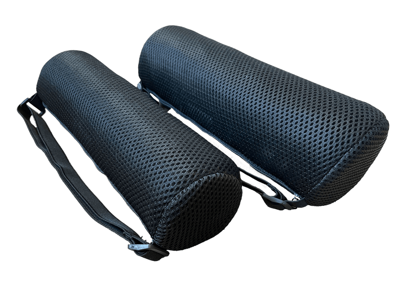 Black textured hard-shell protective eyeglasses cases with zippers and strap on dark background.