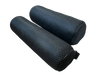 Two black foam rollers for fitness and physical therapy on black background