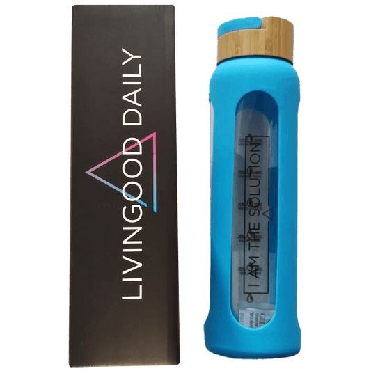 Livingood Daily branded water bottle with wooden cap