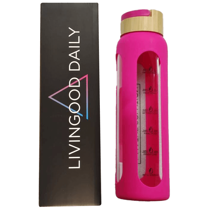 Livingood Daily branded pink water bottle next to packaging box